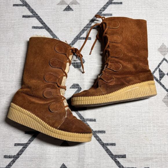 VTG 70s Winter Boots Brown Suede Shearling Lace Up Size 10 Apres Ski Made in USA - Picture 3 of 9